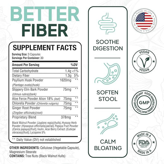 Better Fiber - Daily Fiber Supplement - Soften Stool for Effortless Bowel Movements - with Psyllium Hulk and Slippery Elm - 90 Capsules