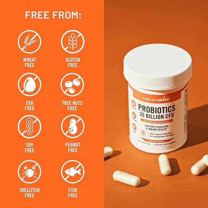 NatureWise Max Probiotics for Women & Men - 30 Billion CFU 18 Strains + Organic Prebiotics - For Gut & Digestive Health - Vegetarian, Delayed-Release Capsules, Gluten Free - 30 Capsules[30-Day Supply]