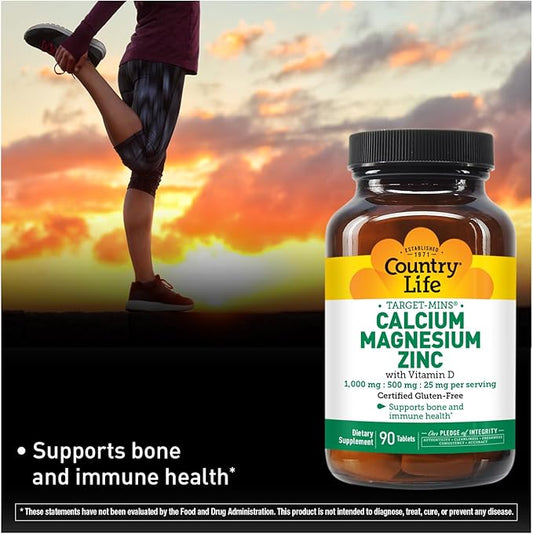 Country Life Calcium Magnesium Zinc with Vitamin D3 and L-Glutamic Acid, Dietary Supplement for Bone Support, Certified Gluten Free, 1000mg/500mg/25mg, 90 Tablets