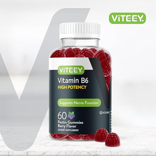 Viteey Vitamin B6 Gummies - Energy, Nerve & Mood Support - B6 Vitamins 100mg - Vegan, Gluten Free, GMO Free - 60 Count