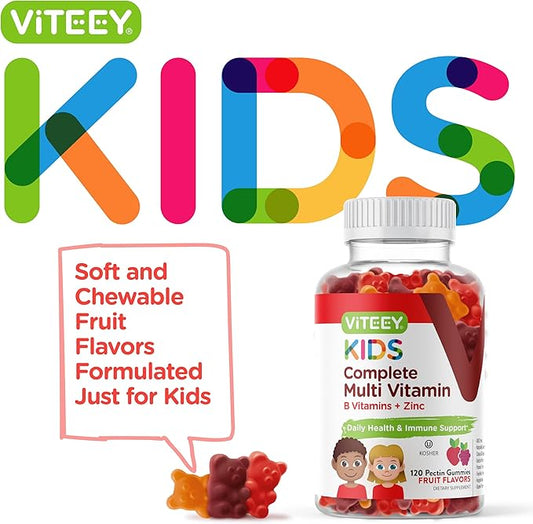 Viteey Kids Multivitamin Gummies, Complete Daily Essential Kids Vitamins - Great for Immune Support & Overall Health - 12 Essential Minerals & Vitamins - Vegetarian, Gelatin Free- Fruit Flavor Gummy