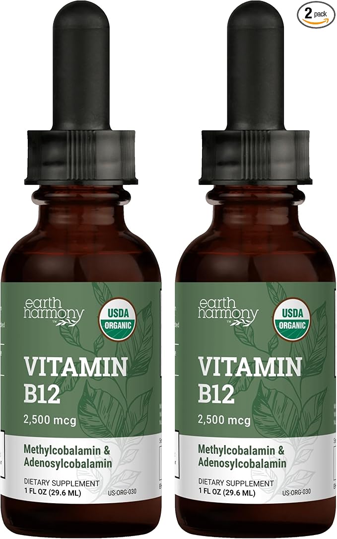 USDA Organic Vitamin B12 2000mcg Sublingual Liquid Supplement (2-Pack) - Vegan Methylcobalamin Drops for Natural Energy, Maintain Metabolism, and Immune System Support - 1 Fl Oz