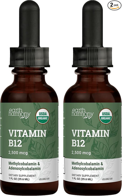 USDA Organic Vitamin B12 2000mcg Sublingual Liquid Supplement (2-Pack) - Vegan Methylcobalamin Drops for Natural Energy, Maintain Metabolism, and Immune System Support - 1 Fl Oz