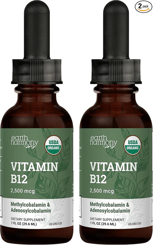 USDA Organic Vitamin B12 2000mcg Sublingual Liquid Supplement (2-Pack) - Vegan Methylcobalamin Drops for Natural Energy, Maintain Metabolism, and Immune System Support - 1 Fl Oz