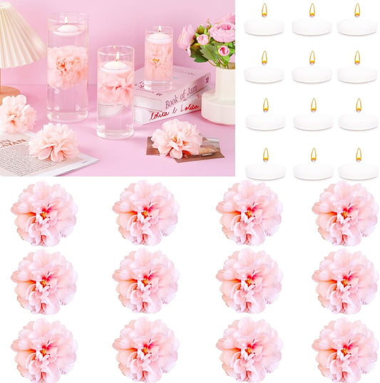 24 Pcs Floating Candles for Centerpieces and Floating Flowers for Centerpieces Pink Artificial Flowers Vase Fillers for Wedding Table Party Home Decoration