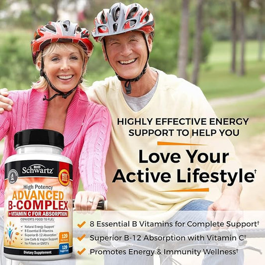 Vitamin B Complex with Vitamin C for Maximum Absorption - Methylcobalamin b12 & Folate Folic Acid Supplement - B1 B2 B3 B5 B6 B7 B9 for Immune Energy & Nervous System Support - Non-GMO, 120 count