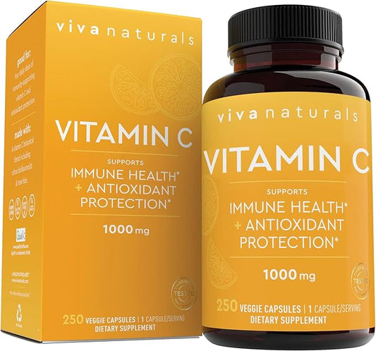 Viva Naturals Vitamin C 1000mg - Non-GMO Vitamin C Supplements with Citrus Bioflavonoids & Rose HIPS for Immune Support & Antioxidant Protection, 250 Vegetarian Capsules