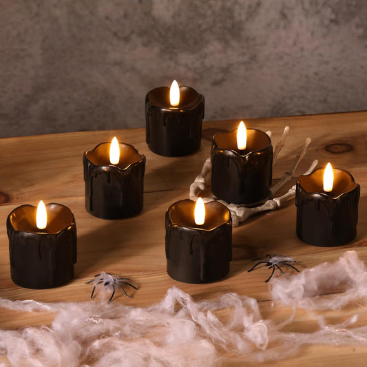 Eywamage Black Dripping Wax Flameless Candles with Timer Batteries, Realistic Flickering LED Votive Candles Set of 6