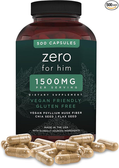 California Basics Vegan Fiber Supplement Capsules (500 Count) - Daily Dietary Chia Flaxseed Psyllium Husk - Normal Strength Digestive Support - Stool Hardener for Men