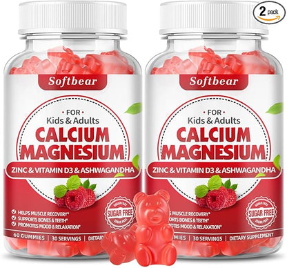 softbear Calcium Magnesium Zinc Gummies for Women, Calcium Magnesium Supplement High Absorption Calcium Gummies with Vitamin D3 for Bone Strength Vegan Raspberry Flavor 120 Gummies