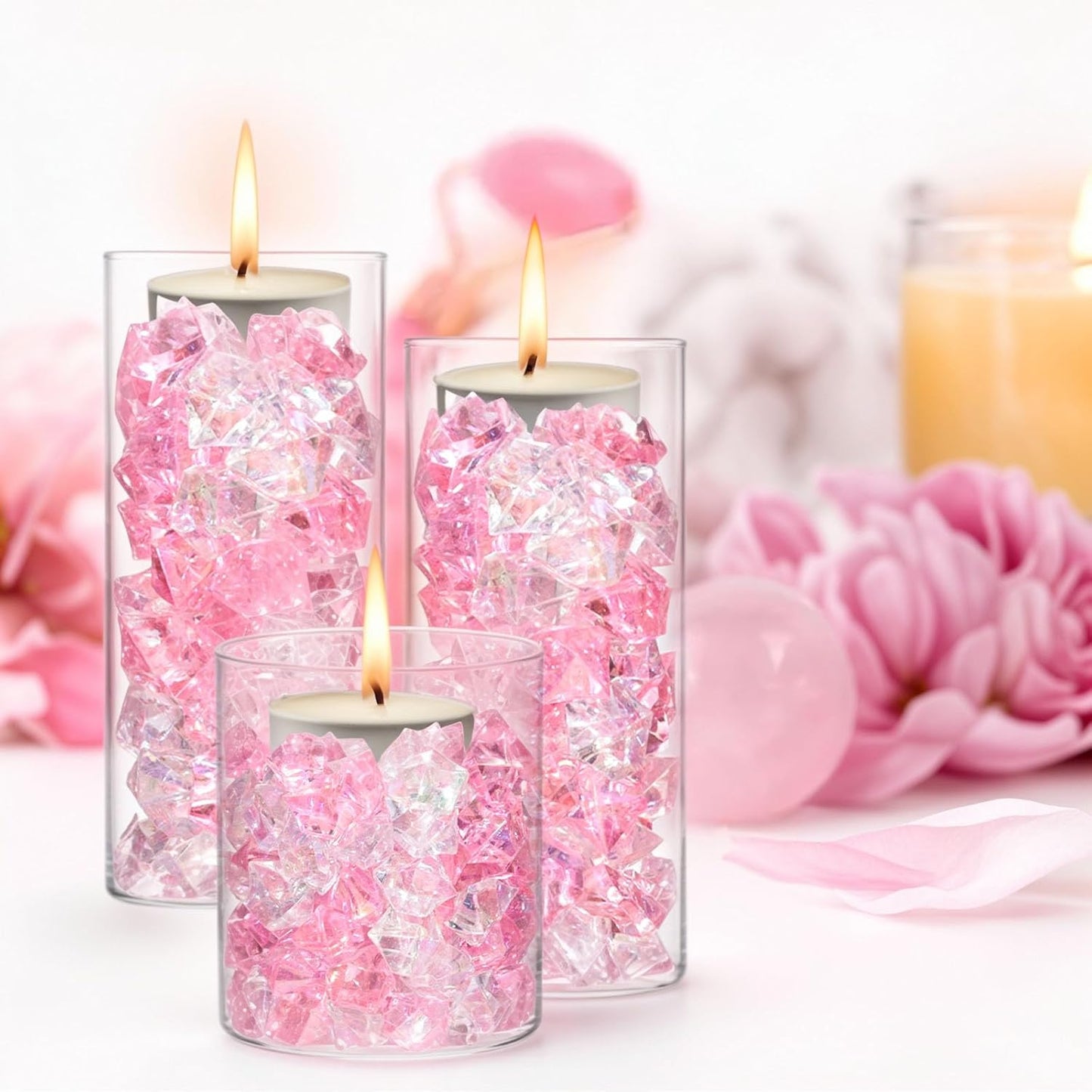 DomeStar 150PCS Dazzling Fake Ice Rocks, Pink Holographic Acrylic Crushed Ice Sparkling Plastic Diamonds Gems for Vases Fillers Aquarium Rocks Party Table Scatter Wedding Decor