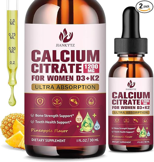 (2 Pack) Calcium Citrate with Vitamin D3 Liquid Drops for Women, 1200mg Ultimate Absorption Calcium Citrate Liquid Drops with Vitamin D3 K2 for Bones, Teeth Support, Vegan, Sugar-Free, 1 Fl Oz