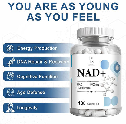 INSTAMART NAD+ Supplement 1000mg | Nicotinamide Riboside & Resveratrol | Nicotinamide NAD Supplement – 180 Veggie Capsules, Non GMO