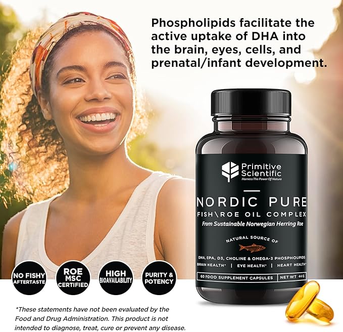 Nordic Pure Fish Roe Oil Complex (60 Fish Oil Capsules) for Brain, Immunity & Vision - Heart Supplement w/EPA, DHA, Vitamin D3, Choline - Fish Oil Omega 3 Supplements