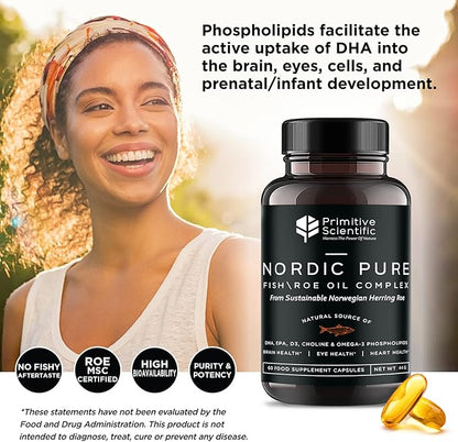 Nordic Pure Fish Roe Oil Complex (60 Fish Oil Capsules) for Brain, Immunity & Vision - Heart Supplement w/EPA, DHA, Vitamin D3, Choline - Fish Oil Omega 3 Supplements