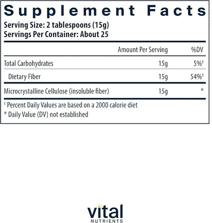 Vital Nutrients Cellulose Fiber Powder | 375g Cellulose Insoluble Fiber Powder | Fiber Supplement Powder Supports Healthy Bowel Function | Gluten, Dairy, Soy Free | Non-GMO | 60 Capsules
