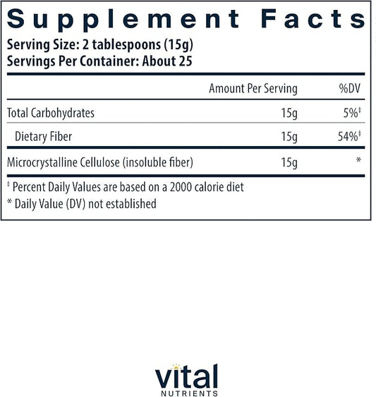 Vital Nutrients Cellulose Fiber Powder | 375g Cellulose Insoluble Fiber Powder | Fiber Supplement Powder Supports Healthy Bowel Function | Gluten, Dairy, Soy Free | Non-GMO | 60 Capsules