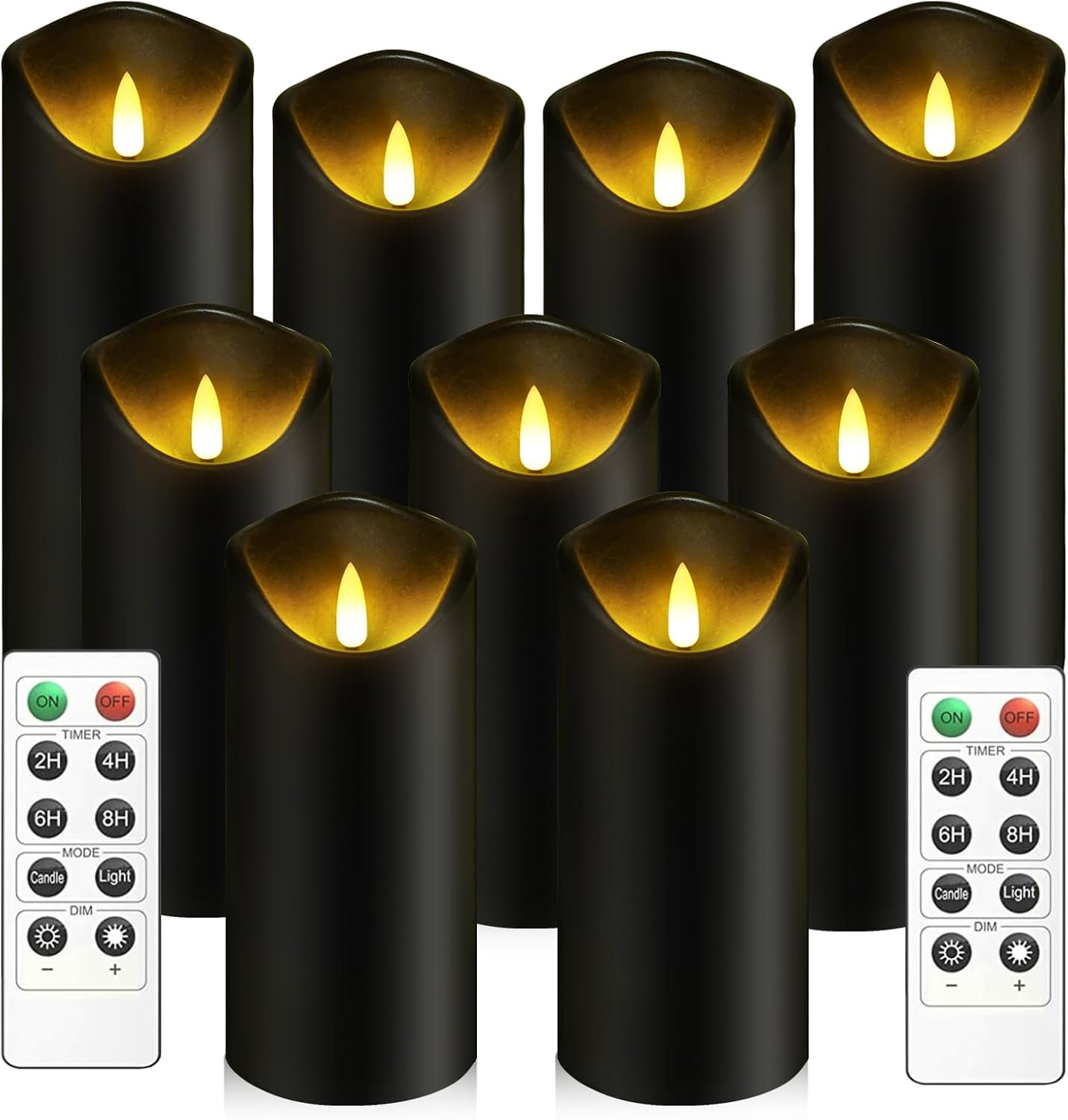 Flickering Flameless Candles, Battery Operated Acrylic LED Pillar Candles with Remote Control and Timer, Set of 9 (Black)