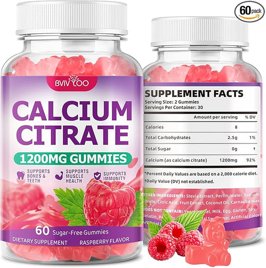 High Absorption Calcium Citrate Gummies 1200mg - Bone & Teeth Support for Adults & Kids, Vegan, Non-GMO, Sugar-Free Gummies, Raspberry Flavor, 60 Count