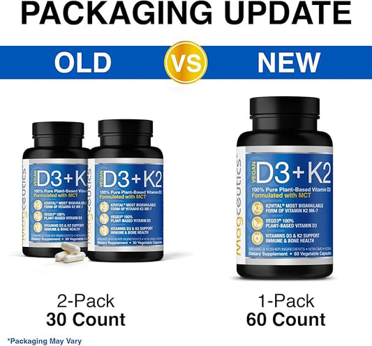 Vitamin D3 K2 with MCT, 5000 IU Vegan D3 & 100 mcg MK7 K2, Support Strong Bones and Immune Health - 60 Capsules (60 Days Supply)