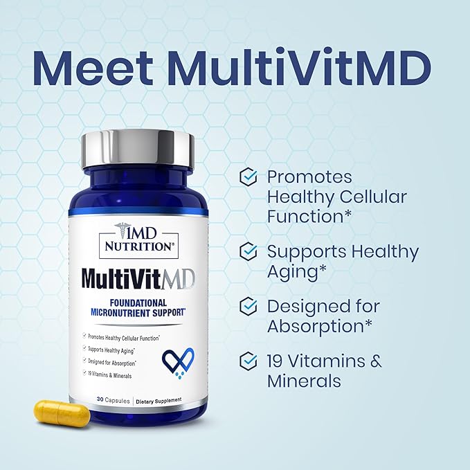 1MD Nutrition MultiVitMD Daily Multivitamin – 19 Essential Vitamins & Minerals for Adults Over 55 | Supports Healthy Aging, Heart, Brain, Bone, & Immune Health | Designed for Absorption | 30 Capsules