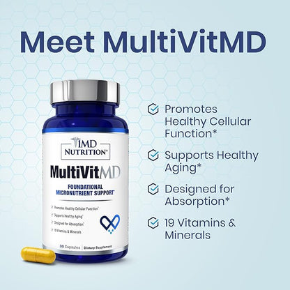 1MD Nutrition MultiVitMD Daily Multivitamin – 19 Essential Vitamins & Minerals for Adults Over 55 | Supports Healthy Aging, Heart, Brain, Bone, & Immune Health | Designed for Absorption | 30 Capsules