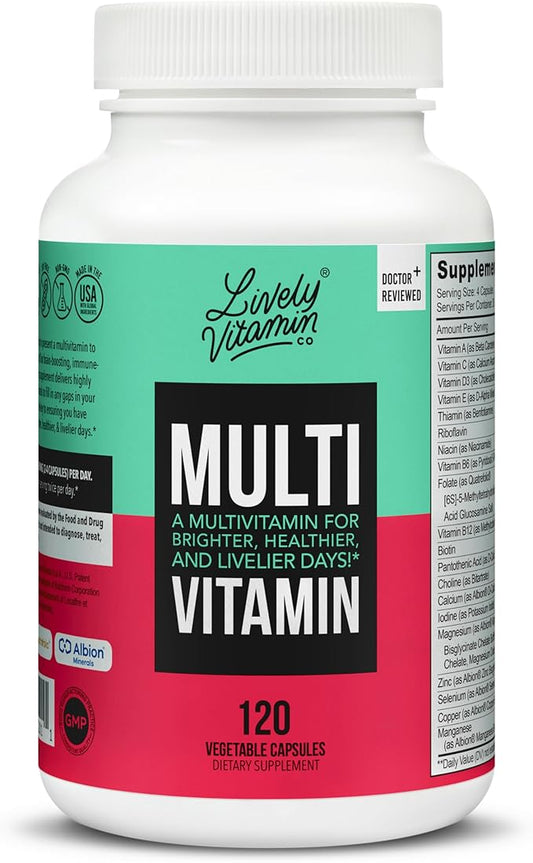 LIVELY VITAMIN CO. Multivitamin - 37 Vitamins Minerals and Extracts - Energy - Memory - Immune Function - Heart- Brain - Focus - Mood - Antioxidants - Dairy Gluten Soy Free - 120 Vegetarian Capsules