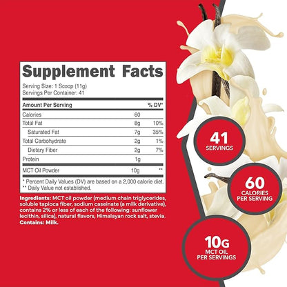 Ketologic MCT Oil Powder French Vanilla (1 LB) – Keto Coffee Creamer & Energy Support – 41 Servings of Medium Chain Triglycerides for Focus & Fuel