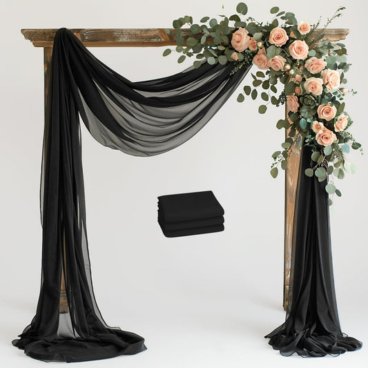 Wokceer Black Wedding Arch Draping Fabric Backdrop 3 Panels 28.7" X 20FT Sheer Drapes Fabric for Wedding Arbor Ceremony Party