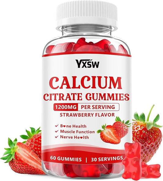 Calcium Citrate Gummies 1200mg, Chewable Calcium Supplement for Women & Men, Sugar Free Calcium for Bone, Muscle & Immune Support, Gluten Free, Vegan, Non-GMO, Strawberry Flavor, 60 Count