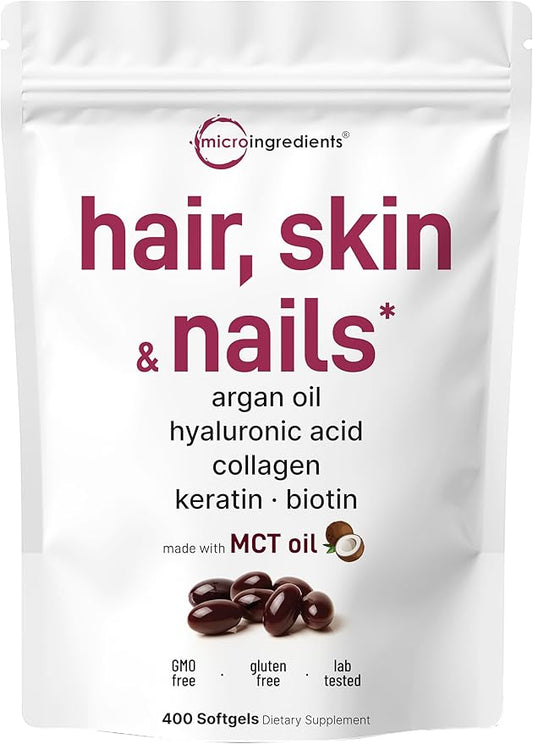 Micro Ingredients Hair Skin and Nails Vitamins for Women & Men | 400 Softgels with MCT Oil | 22-in-1 Argan Oil, Hyaluronic Acid, Collagen, Keratin & Biotin Complex | Natural Hair Growth Support