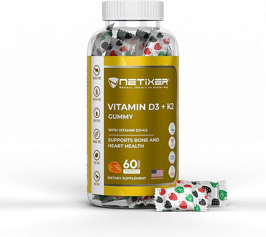 Vitamin D3 + K2 Gummies – Bone & Heart Support – with 10 mcg D3 (Cholecalciferol) & 55 mcg MK-7 K2 – Vegan, Gluten-Free, Gelatin-Free – Orange Flavor – Non-GMO – 60 Gummies – Allergen-Free