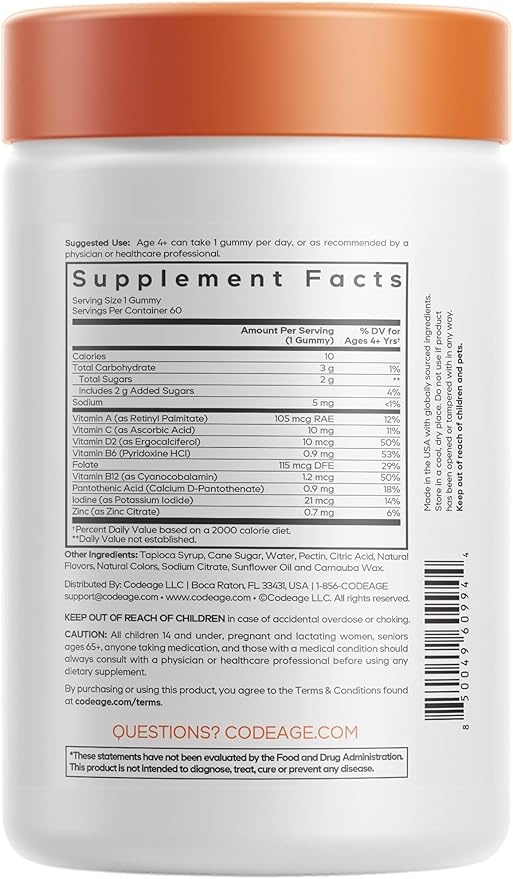 Codeage Kids Multivitamin Gummies Supplement - Vitamins A, C, D2, B6, B12, Zinc, Folate, Iodine - 2-Month Supply Children's Vitamins - Non-GMO, Gluten-Free, Dairy-Free - Mixed Fruits - 60 Gummies