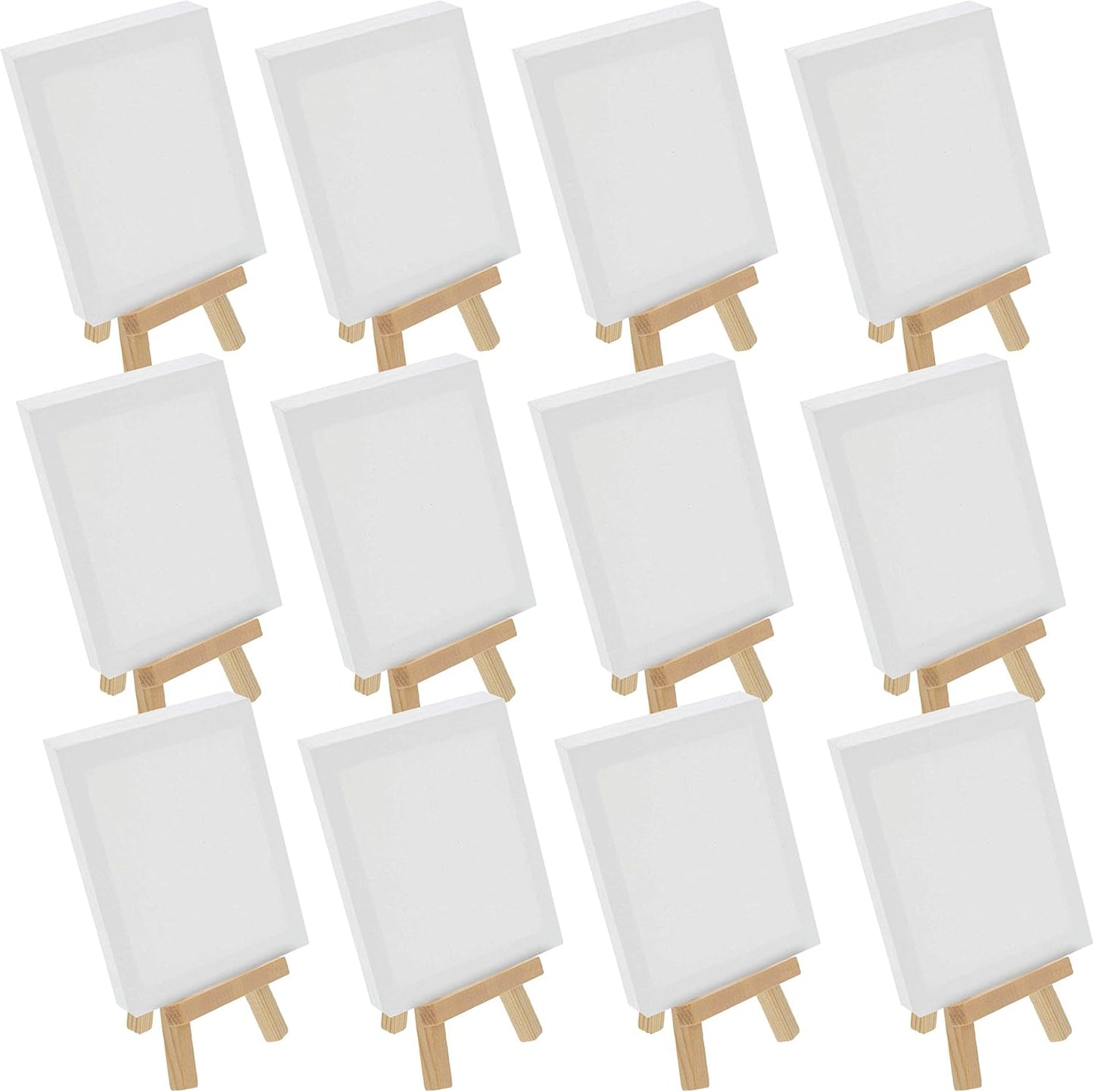 U.S. Art Supply 4" x 6" Stretched Canvas with 8" High Small Natural Wooden Easel (12 Pack), A-Frame Canvas Stand Tripod, Small Painting Easels - Tabletop Easel for Painting, Canvases, Student Crafts