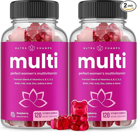 NutraChamps Multivitamin for Women, 240 Count, Vitamins A, B, C, D, E, Biotin, Folic Acid, Womens Gummy Multivitamins, Chewable Daily (Pack of 2)