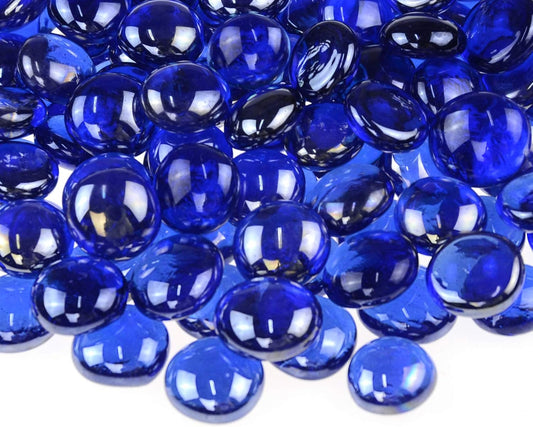 KINGOU Flat Glass Gems/Marbles/Stones/Beads for Vase Filler, Table Scatter, Games - 1 Lbs (17-19mm, Approx. 3/4")- Sapphire Blue Luster