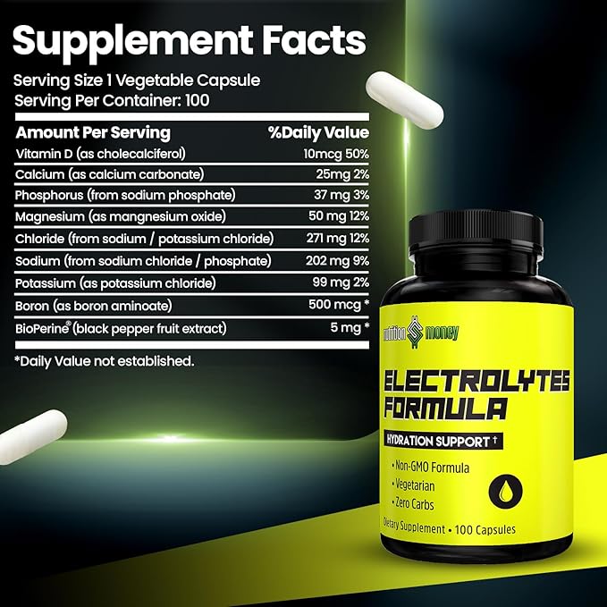 NutritionMoney Electrolyte Premium Hydration Supplement – Sugar Free, Zero Carbs, Non-GMO, Zero Calories, Keto-Friendly, Supports Carnivore Diet, Optimal Rehydration Electrolytes Capsules - 100 Count