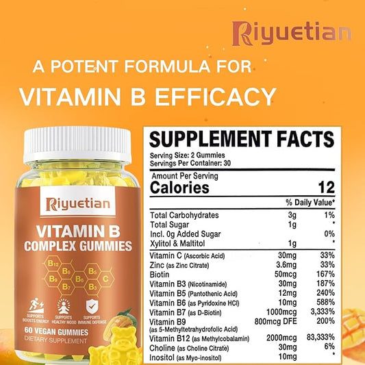 Vitamin B Complex with Vitamin – with Biotin,Choline + Inositol, Vitamin C + Zinc for Supports Energy, Mood, Immune, Healthy Hair, Skin 60