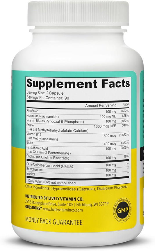 LIVELY VITAMIN CO. Busy Bee - Highly Bioavailable Vitamin B Complex with Choline - Energy - Stress - Brain Fog - Mental Clarity - Oxidative Damage - Dairy Soy Gluten Free - 180 Vegan Capsules