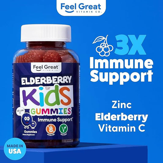 Feel Great Kids Elderberry Gummies with Zinc and Vitamin C | Immune Support Sambucus Elderberry | Berry Flavored Vegan Kids Multivitamins | 60 Day Supply