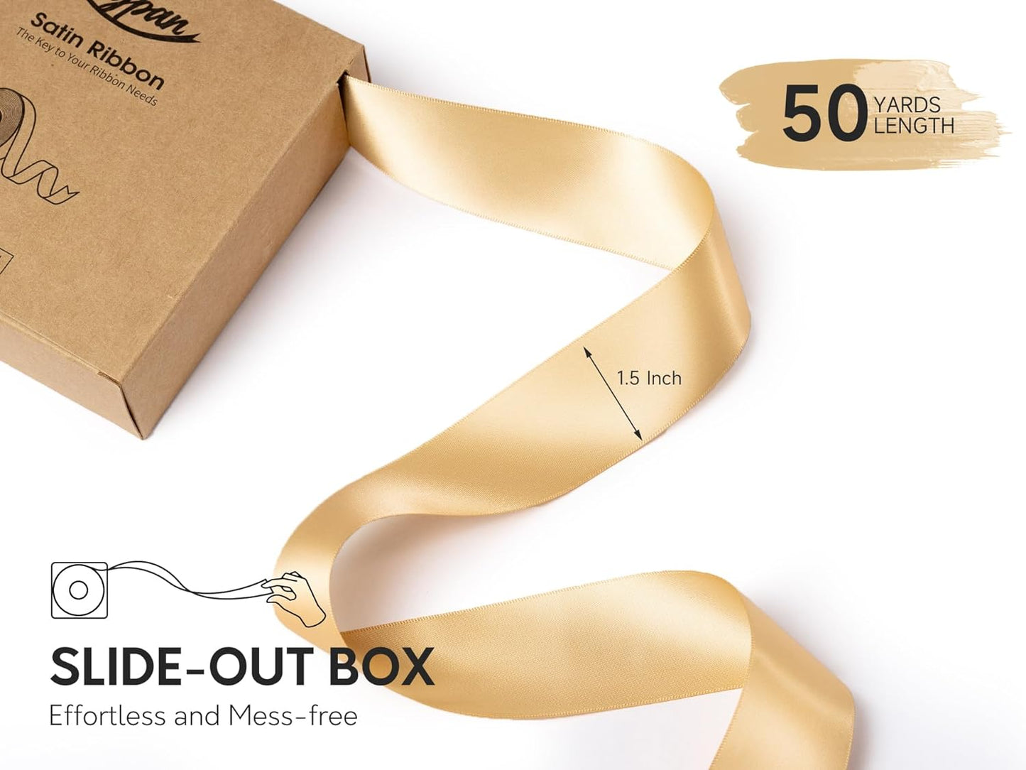 Champagne Satin Ribbon 1-1/2 Inch 50 Yards Double-Faced Polyester Ribbons for Hair Bows Gift Wrapping Crafts Floral Bouquet Wedding Invitations