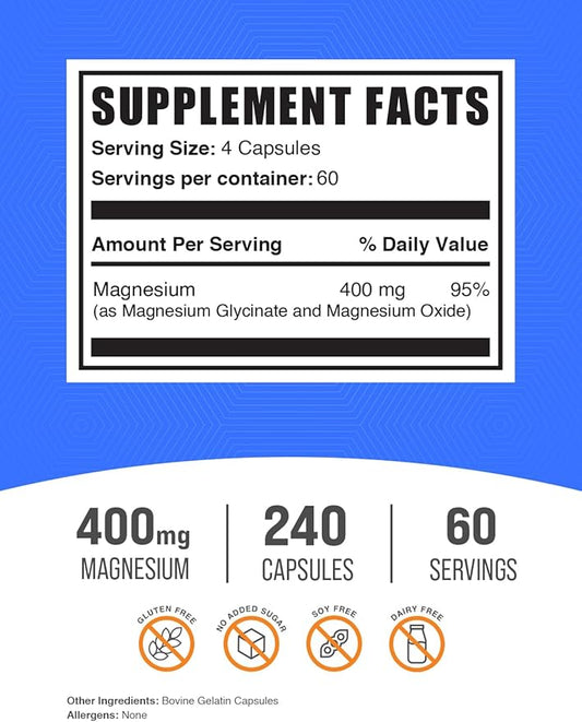 BulkSupplements.com Magnesium Glycinate Capsules - Magnesium Supplement, Magnesium Glycinate 400mg - Gluten Free, 4 Capsules per Serving, 240 Count (Pack of 1)
