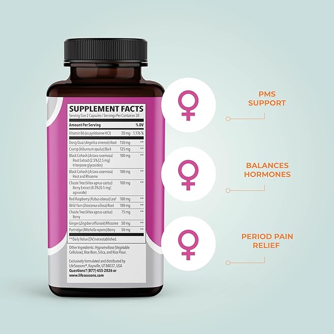 LifeSeasons - PreMense-T - PMS Relief Supplement - Support for Pre-Menstrual Symptoms, Cramping & Breast Tenderness - Nourish Tissue - Ginger Crampbark Dong Quai Chasteberry & Vitamin B6-60 Capsules
