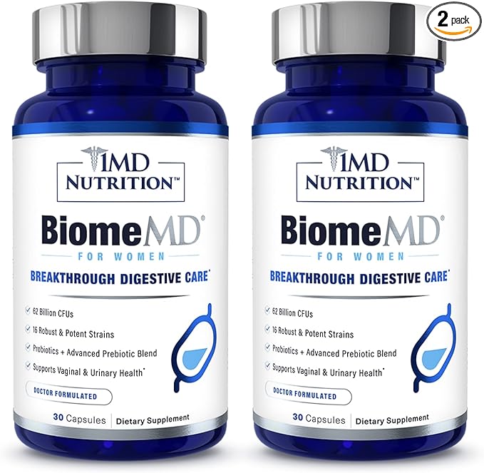 1MD Nutrition BiomeMD Probiotics for Women - 62 Billion CFUs, 16 Strains with Prebiotics | Supports Vaginal & Urinary Health - Doctor-Formulated | 30 Capsules (2-Pack)