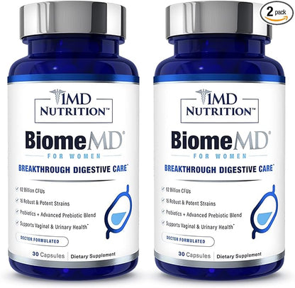 1MD Nutrition BiomeMD Probiotics for Women - 62 Billion CFUs, 16 Strains with Prebiotics | Supports Vaginal & Urinary Health - Doctor-Formulated | 30 Capsules (2-Pack)