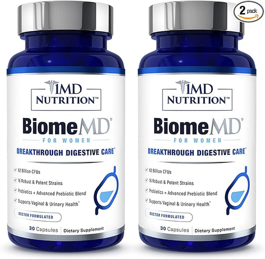 1MD Nutrition BiomeMD Probiotics for Women - 62 Billion CFUs, 16 Strains with Prebiotics | Supports Vaginal & Urinary Health - Doctor-Formulated | 30 Capsules (2-Pack)