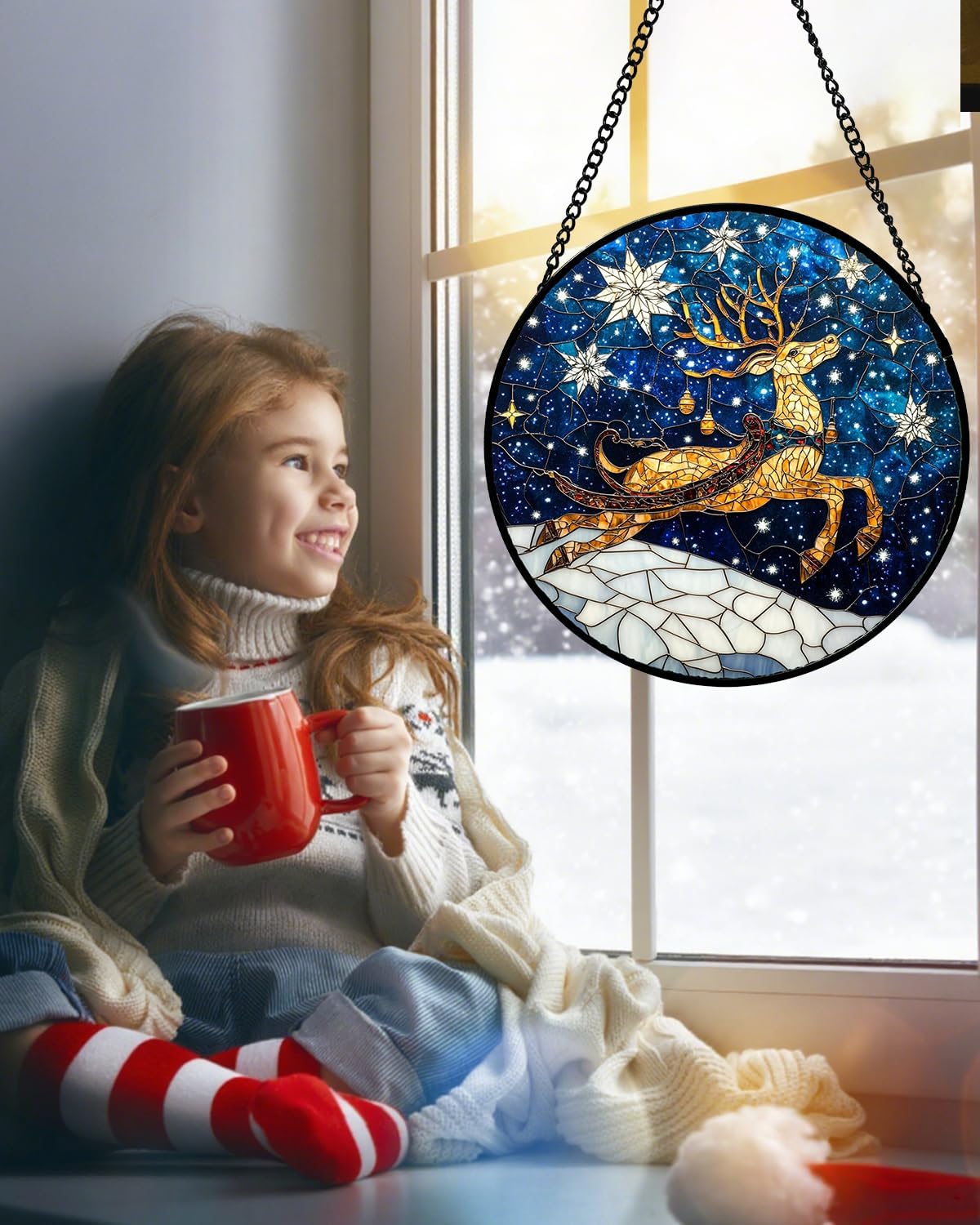 Stained Glass Window Hanging - Reindeer Blue Starry Sky Suncatcher for Doors Home Christmas Decoration Winter Sun Catcher Thanksgiving New Year Birthday Gifts for Women Men Mom Nana 7.8 in