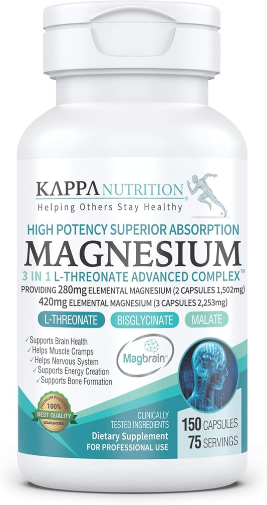 Kappa Nutrition Magbrain™ Magnesium L-Threonate Plant-Based, 420mg Elemental Magnesium (3 Capsules) from 2,253mg, 150 Vegan Capsules, Brain, Sleep & Muscle Support.