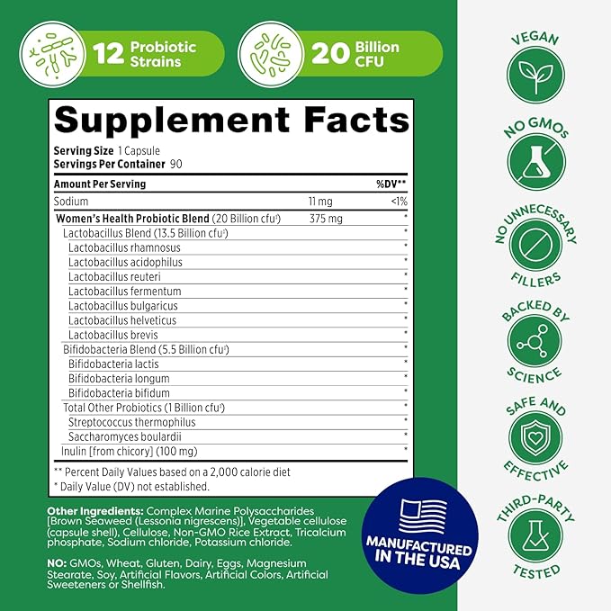 Probulin Womens Probiotic - Vaginal, UT, Gut & Immune Health with Lactobacillus Reuteri - 20 Billion CFU, 12 Probiotic Strains & Prebiotics - 90 Vegan, Gluten Free Capsules for Whole-Body Wellness