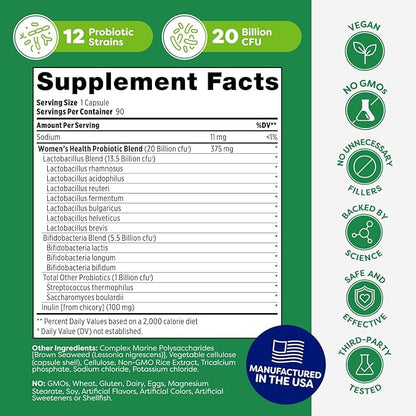 Probulin Womens Probiotic - Vaginal, UT, Gut & Immune Health with Lactobacillus Reuteri - 20 Billion CFU, 12 Probiotic Strains & Prebiotics - 90 Vegan, Gluten Free Capsules for Whole-Body Wellness